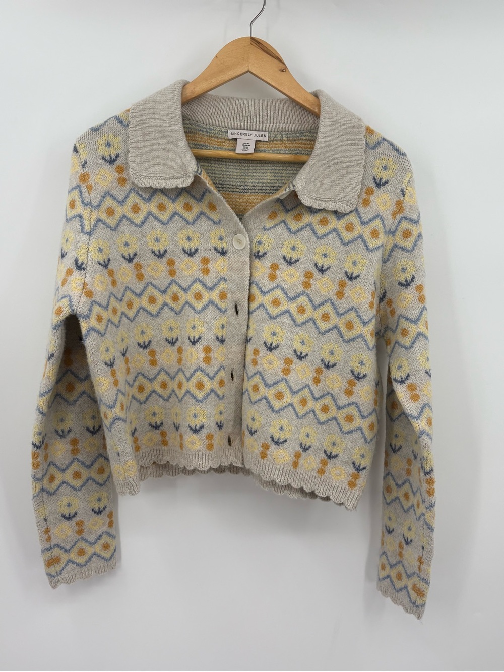 Sincerely Jules Cream Collared Fair Isle Cardigan with Yellow & Blue Accents